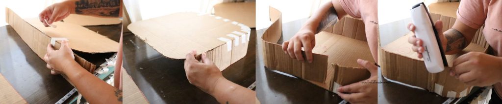 pictures showing how to assemble the sides of a cardboard cocomelon pinata. 