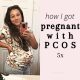 the tattooed momma 33 weeks pregnant at 29 years old with her 4th baby taking a picture in front of the bathroom mirror with the title "how i got pregnant with P.C.O.S. 5 times"