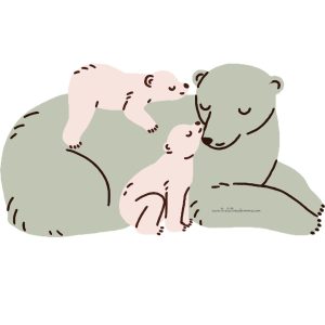cartoon drawing of a sage colored polar bear mother with 2 pink colored cubs