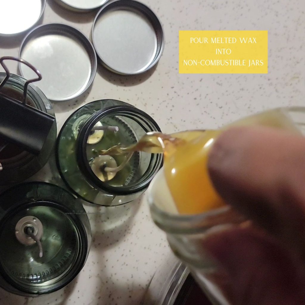Step 3 of How to make beeswax candles. rachel is pouring the cleaned melted beeswax into the glass jars.